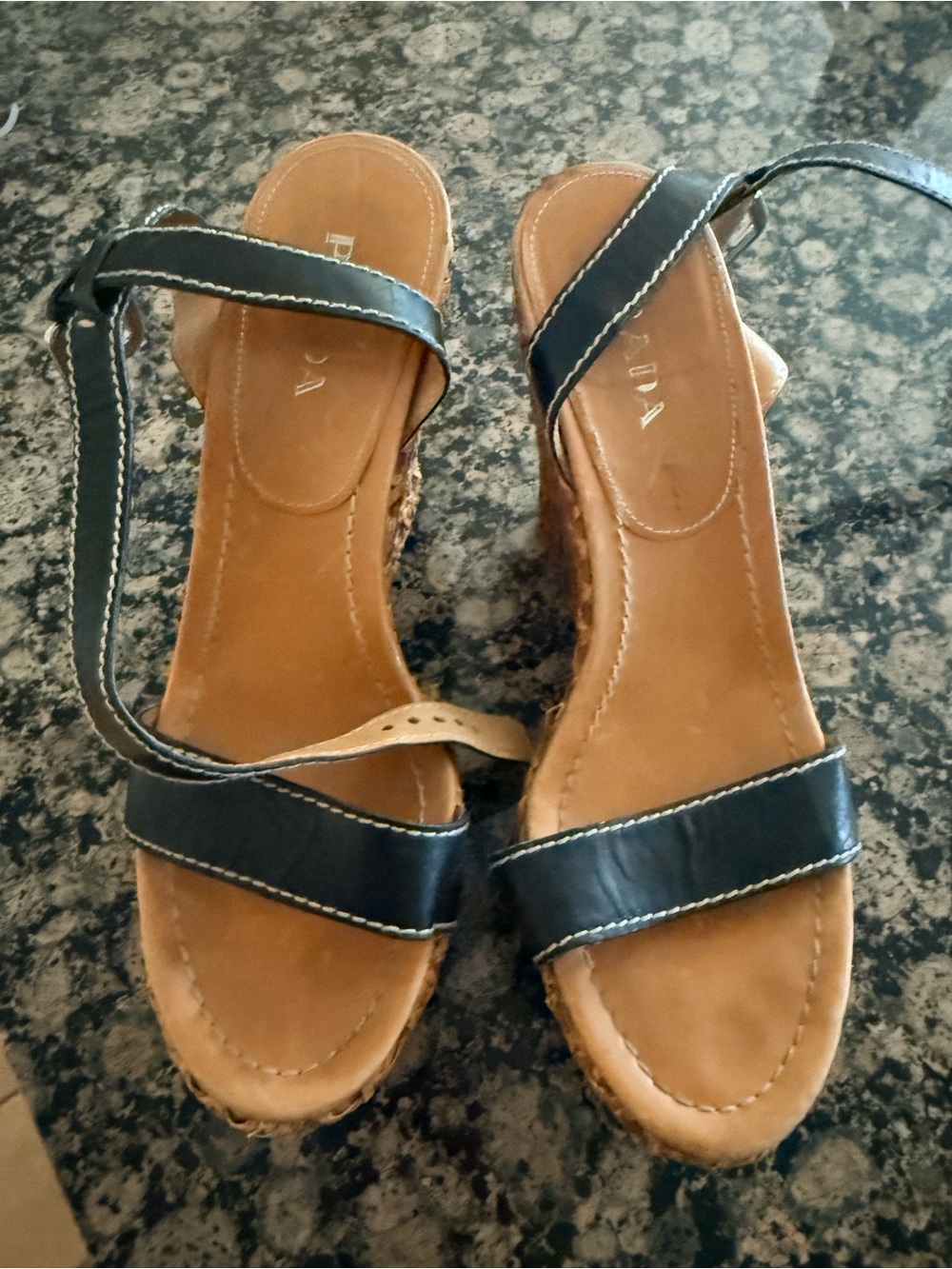Prada Black Leather Strappy Wedge Sandals